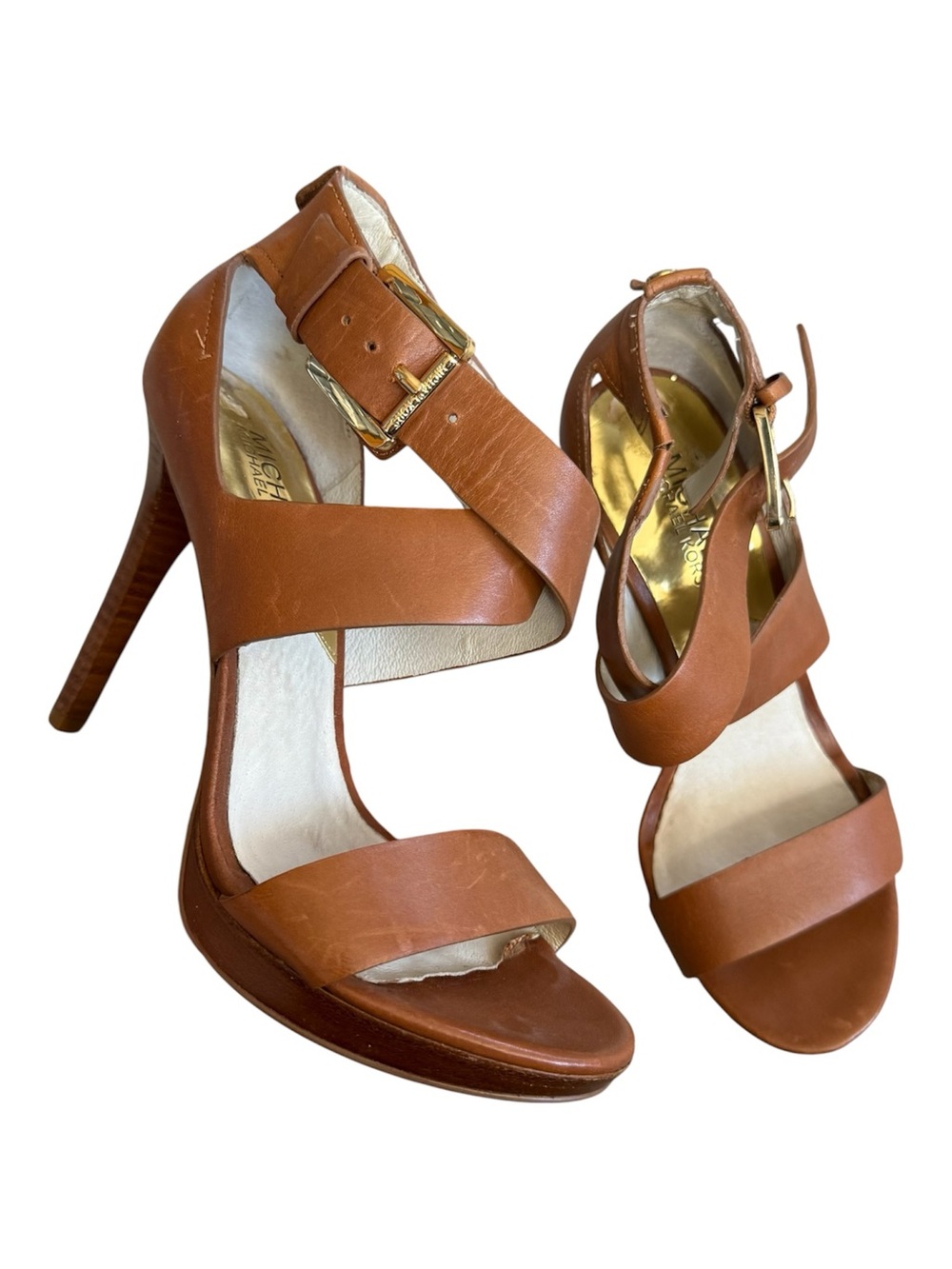 MICHAEL KORS Brown Leather Strappy Platform Heels Size 7M Gold Buckle - Picture 2 of 8